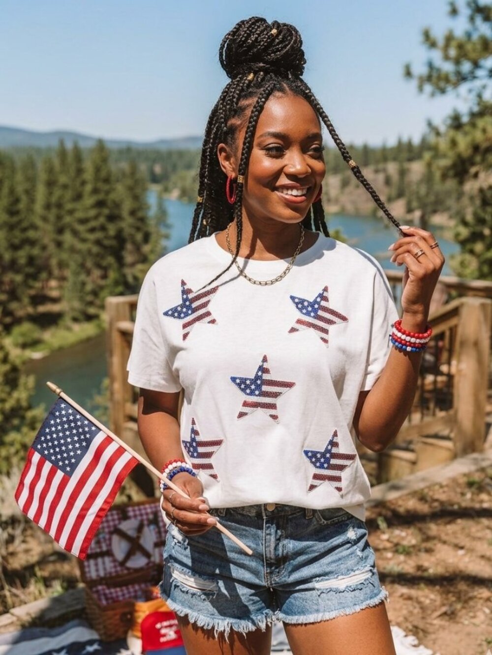Red, White and Blue Sequin Stars T-Shirt